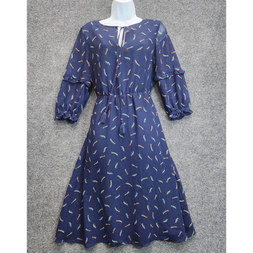 Boden Shooting Star Rainbow Lightning Tassel Ruffle‎ Boho Midi Dress US 6R